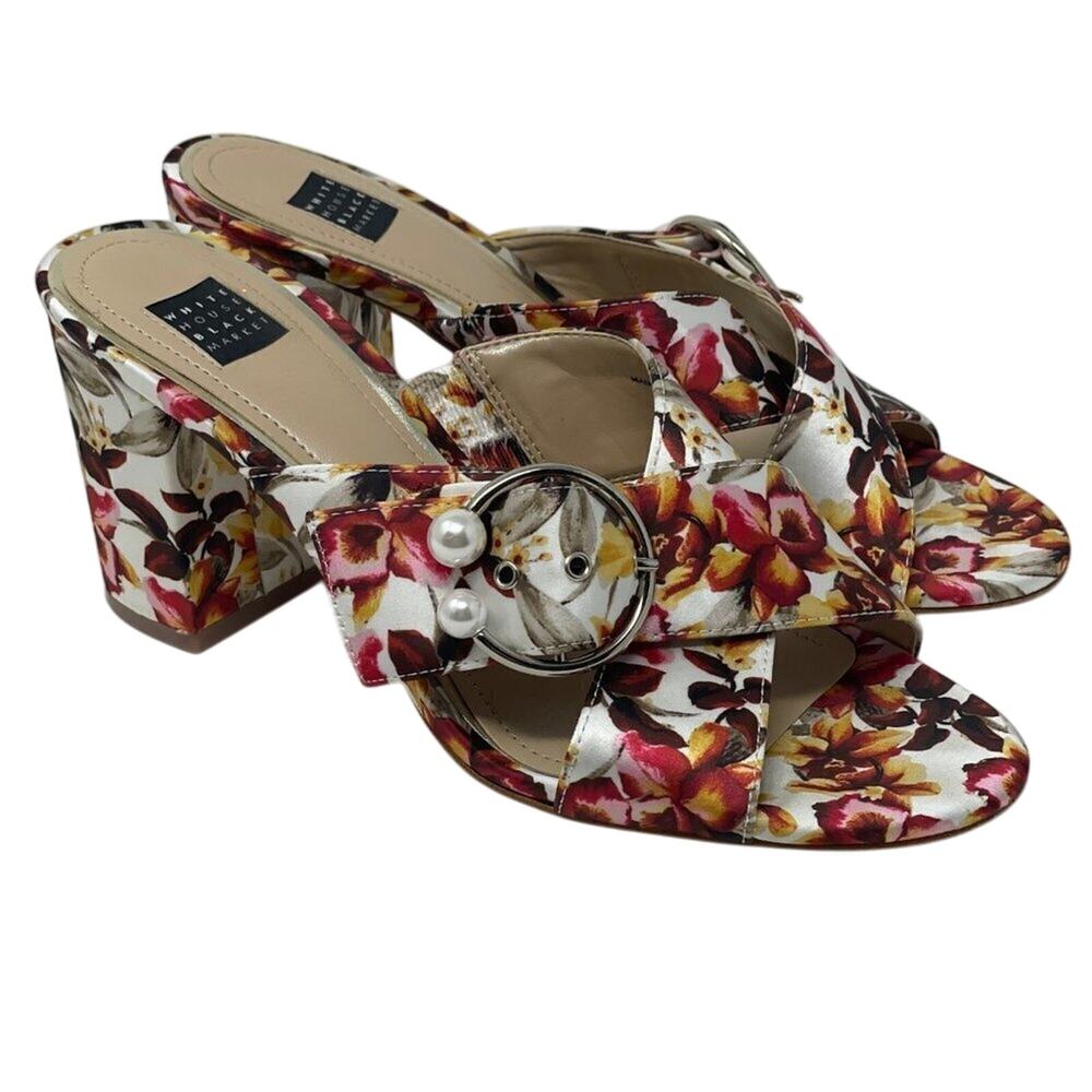 WHBM Silvy Floral Satin Mule Heels Size 7.5M
